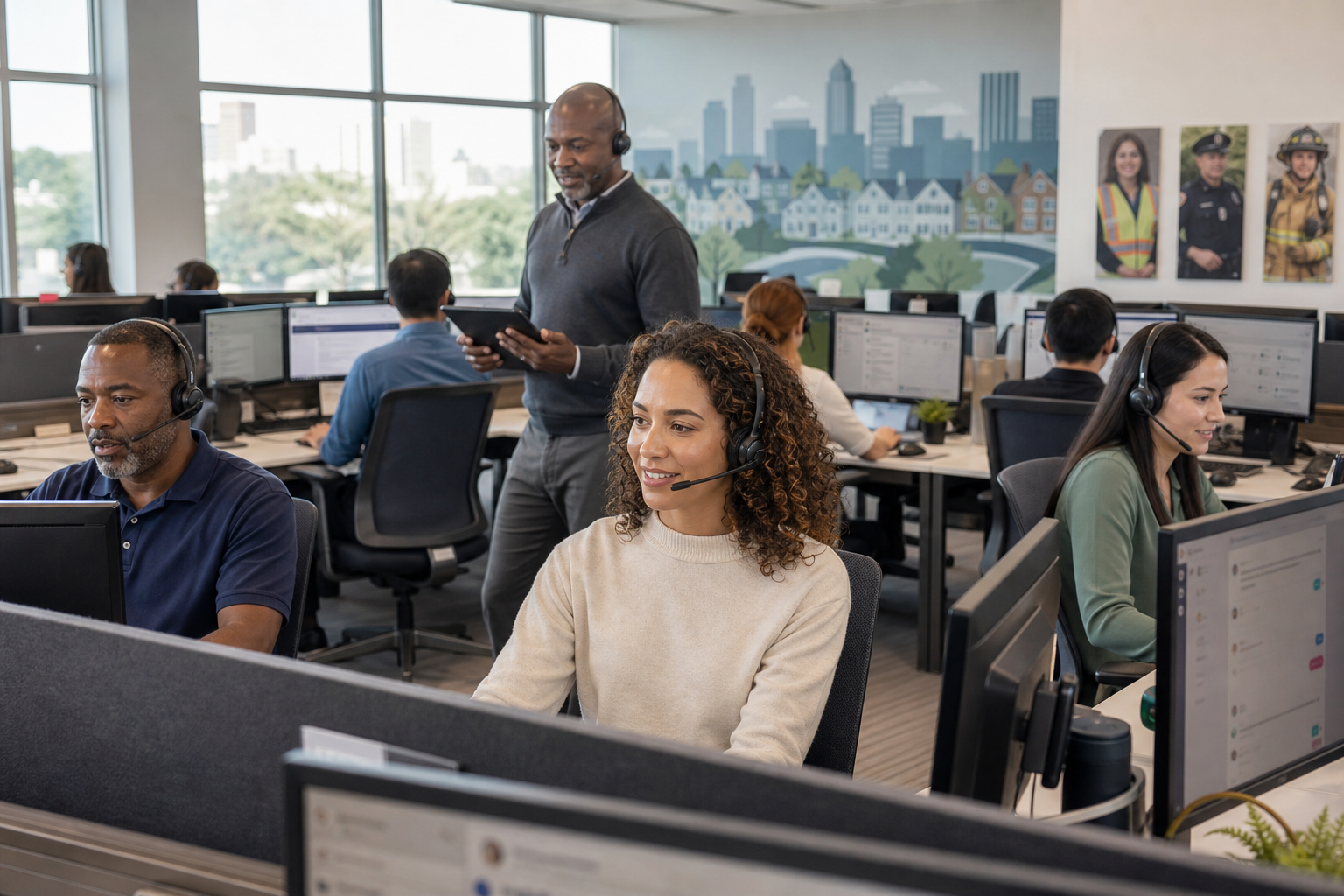 Modern City Contact Center with Diverse Agents and Digital Analytics