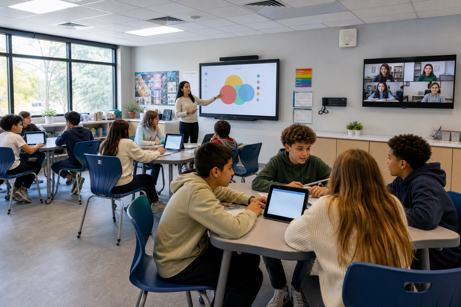 Modern Classroom with Tech Tools and Collaborative Learning