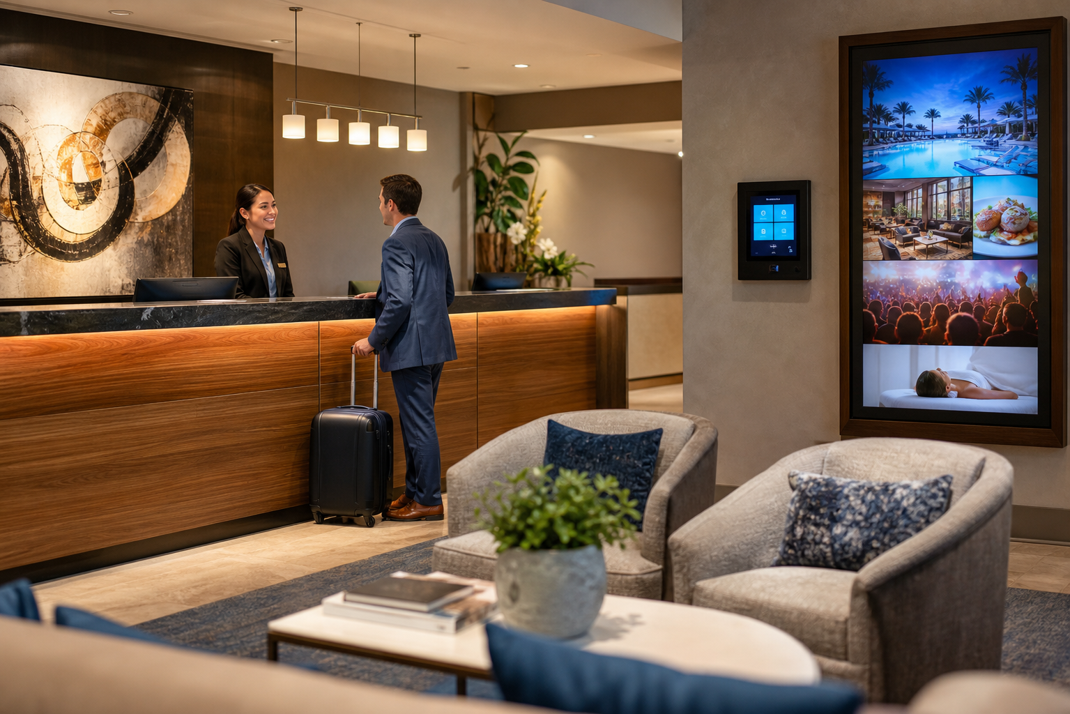 Modern Hotel Lobby with Elegant Decor and Digital Display