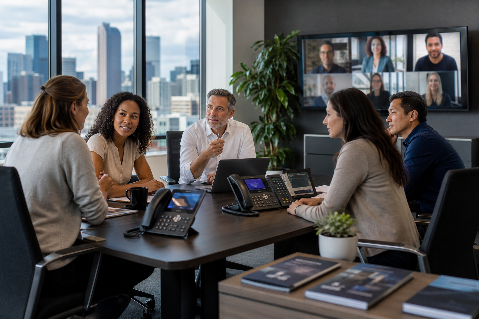 Modern Office Collaboration with Denver Skyline View