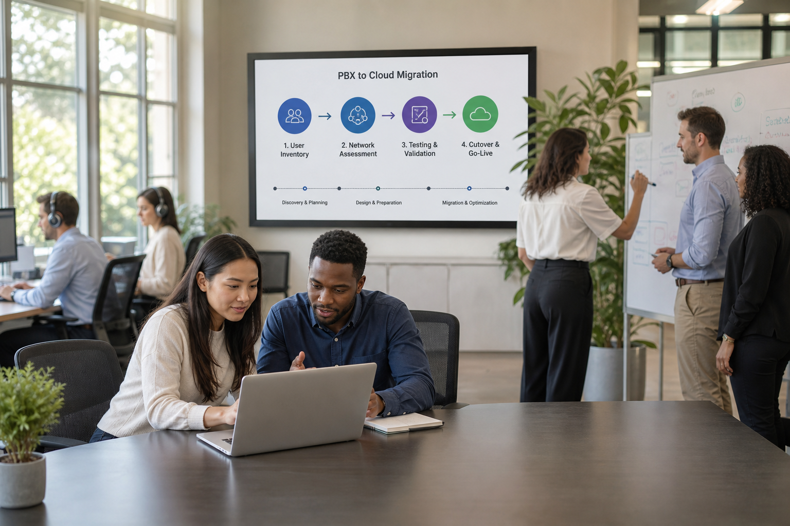 Modern Office Collaboration with Digital Flowchart and Whiteboard Brainstorming