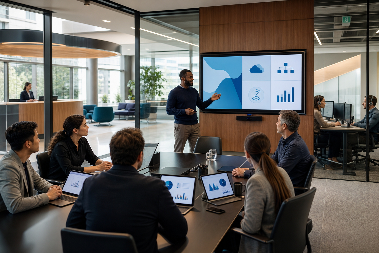 Modern Office Collaboration with Digital Interfaces and Natural Light