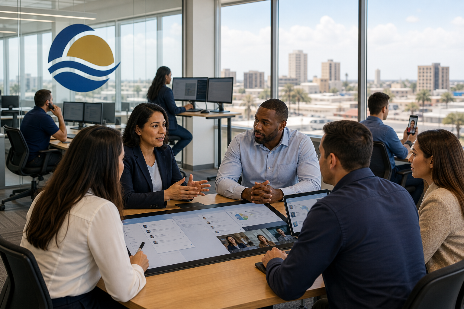 Modern Office Team Meeting With Brownsville Skyline View