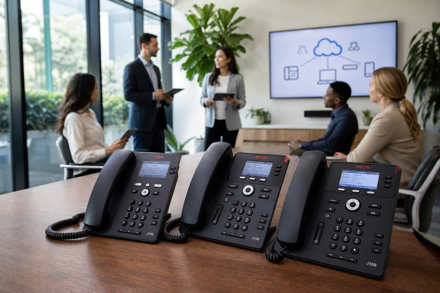 Modern Office With Avaya Phones And RingCentral Branding